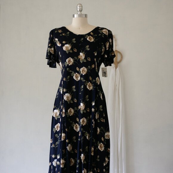 NWT 80's 90's Navy Blue Dead Stock Long Midi Dress/Flutter Sleeves - Picture 2 of 10